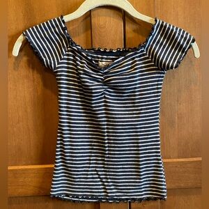 Hollister Navy and White Fitted Cap Sleeve Blouse